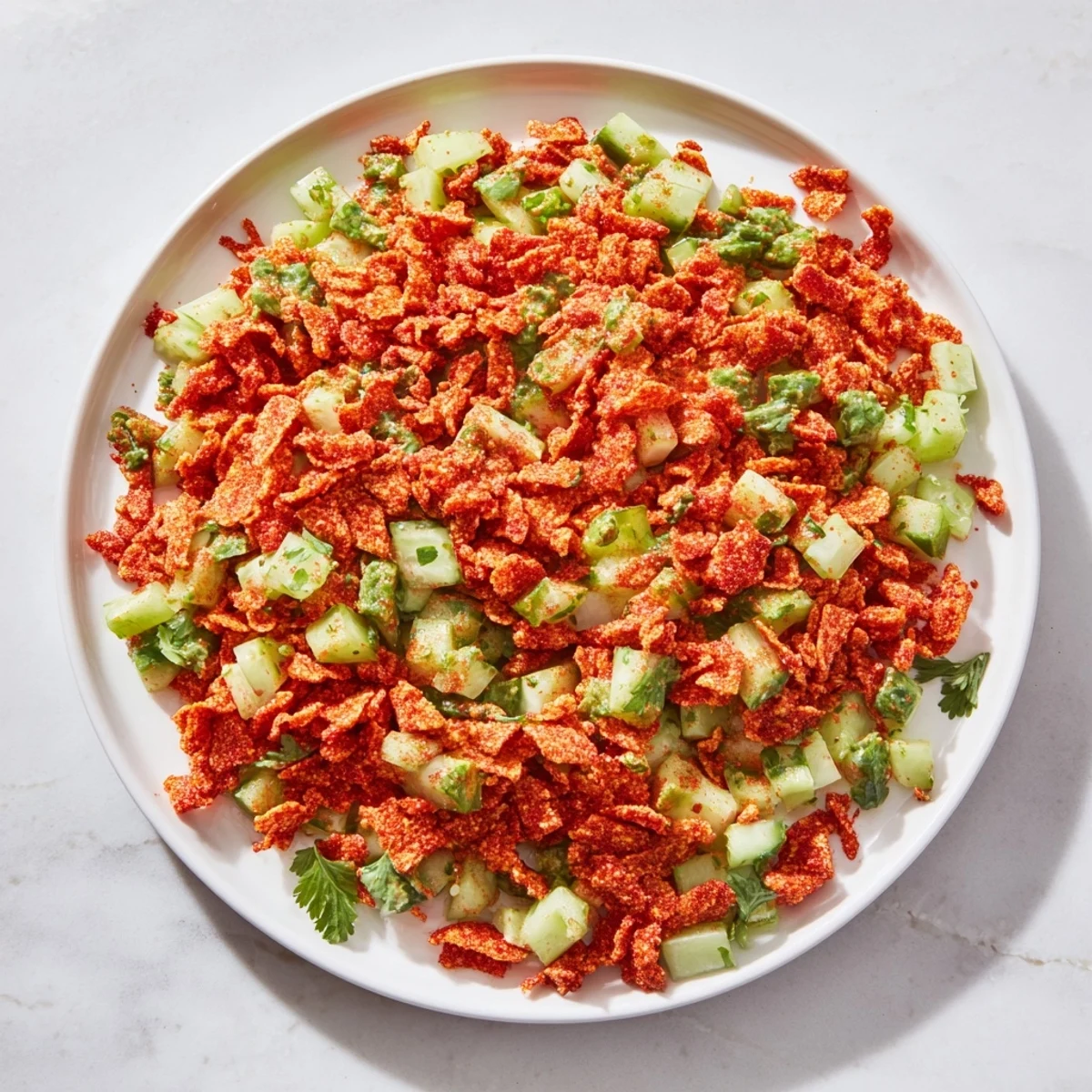 This Flamin Hot Cheeto Salad features bright green cilantro and red-hot Cheetos, inviting everyone to taste it.