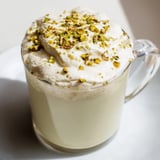 A delightful pistachio latte; the frothy cold foam contrasts the warm, subtly sweet pistachio drink.