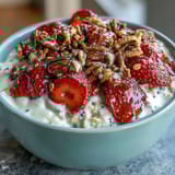 Creamy overnight oats with strawberries, chia seeds, and granola make a perfect make-ahead breakfast.