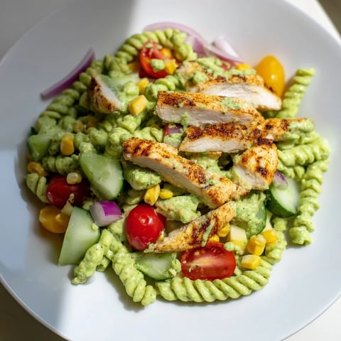Peruvian Aji Verde Chicken Pasta Salad: Chilled, creamy pasta with tender chicken and vibrant vegetables, ready to eat.
