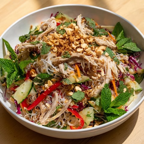 Vibrant, colorful Vietnamese Crunch Noodle Salad with Shredded Chicken, ready to eat, topped with peanuts.