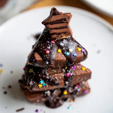 Festive Chocolate Kinder Christmas Trees glistening with chocolate drizzle and colorful sprinkles, ready to serve.