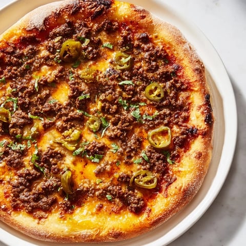 Spicy Ground Beef Pizza Base, fresh from the oven, with bubbling cheese and a sweet honey drizzle.