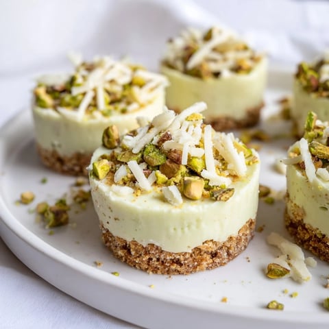 Mini Pistachio Cheesecake Bites shown, topped with chopped pistachios—a delightful, elegant dessert.