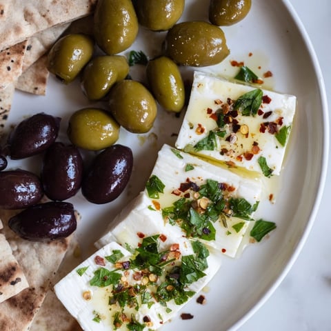 Turkish Olives & Cheese Board: A colorful appetizer, boasting brined olives, feta, warm pita, and honey.