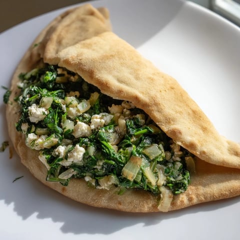 Golden, bubbly Turkish Spinach & Feta Flatbread, filled with savory spinach and creamy cheese, ready to eat.