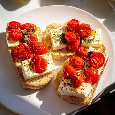 Golden Baked Feta Toast with bubbly cheese, sweet tomatoes, fresh basil, ready to eat.