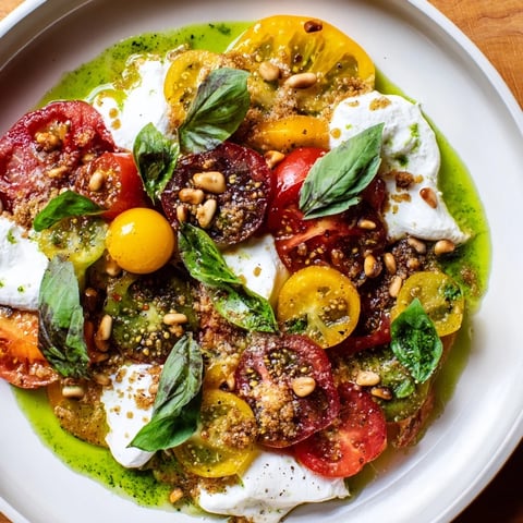 Vibrant heirloom tomato salad board featuring colorful tomatoes, creamy burrata, and fresh basil drizzle.