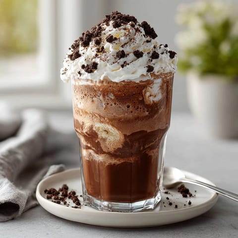 Refreshing Root Beer Cocoa Float with a creamy, vanilla ice cream swirl and cookie crunch.