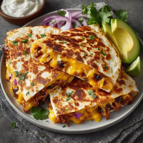 A close-up view of a cheesy 20-Min Cherry Chipotle Turkey Quesadilla Melt, ready to be devoured.