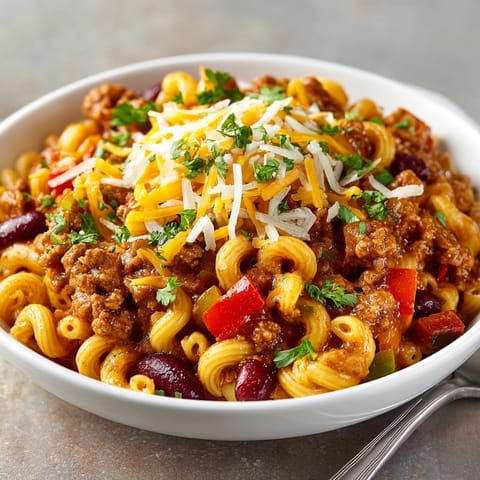 A close-up showing the vibrant colors of the hearty One-Pot Cranberry Turkey Chili Mac ready to serve.