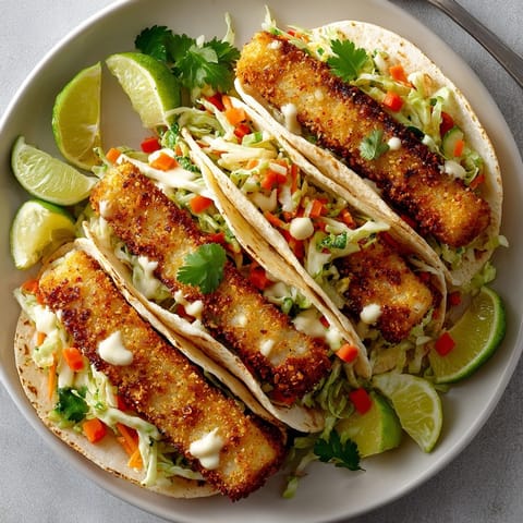Freshly made Crunchy Panko Fish Tacos with a contrasting creamy, tangy pickle slaw topping.