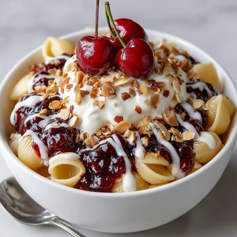 Warm, inviting Cherry Pie Breakfast Pasta Bowl, with colorful cherry sauce drizzled over the pasta.