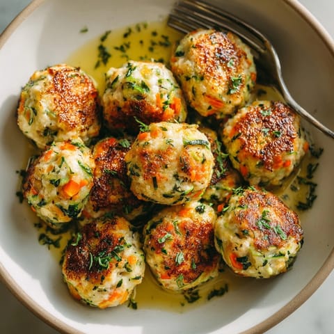 Close-up of perfectly round turkey and vegetable meatballs, featuring flecks of colorful vegetables after baking.