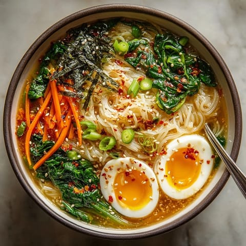 Delicious homemade Shirataki Noodle Ramen with savory broth, veggies, and that creamy egg "cloud."