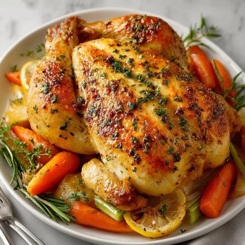 Juicy Garlic Herb Roasted Chicken carved alongside roasted carrots, celery, and aromatic pan juices
