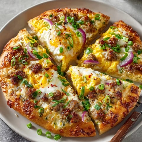 Freshly baked breakfast pizza with scrambled eggs and cheese, garnished with chives and peppers.