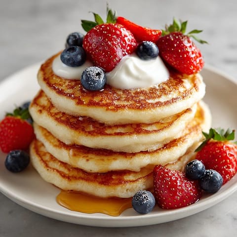 Golden, fluffy 3-Ingredient Banana Pancakes served warm with fresh fruit and yogurt.