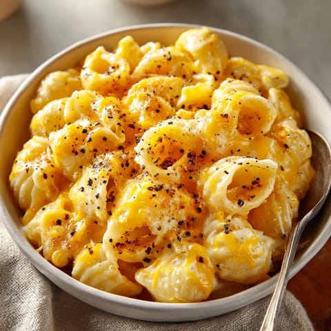 Quick microwave mac and cheese freshly stirred, gooey cheese sauce envelops elbow macaroni.