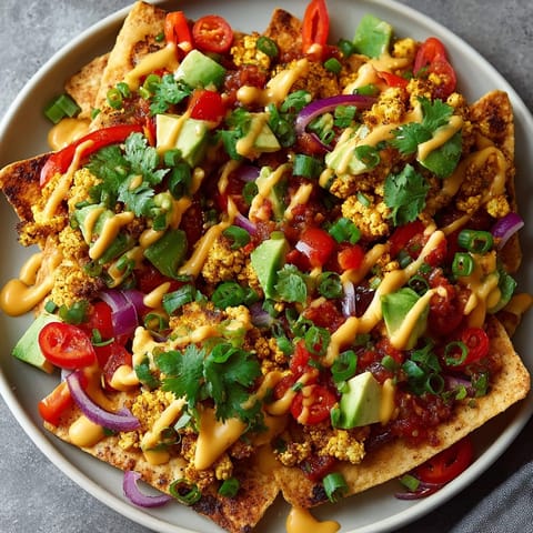 Golden, crispy tortilla chips piled high with flavorful tofu scramble makes loaded vegan breakfast nachos.