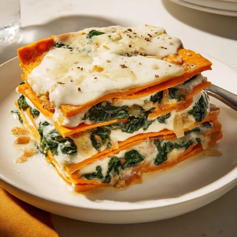 Rich Alfredo Sweet Potato Lasagna layered in a baking dish ready to be served.