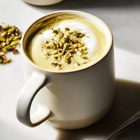 Homemade pistachio milk latte, fragrant and frothy, enjoyed warm or iced.  
