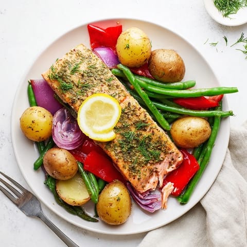 Tender salmon fillets with roasted potatoes and veggies drenched in zesty lemon sauce.  