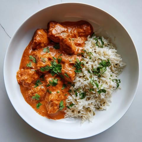 A close-up image showcases the rich colors and textures of butter chicken and fluffy rice pilaf.