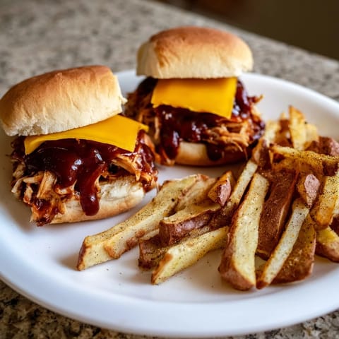 A close-up of delicious BBQ Chicken Sliders, showing tender chicken and melted cheese, perfect for sharing and juicy!