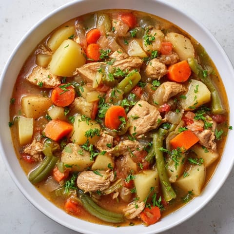 A delicious, close-up view of Slow-Cooker Chicken & Vegetable Stew, perfect for a cozy weeknight dinner.