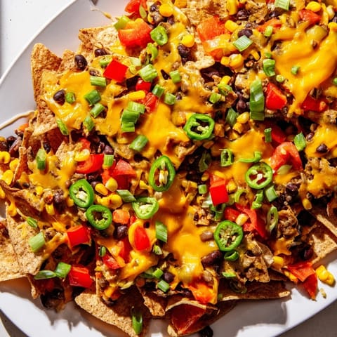 Golden, cheesy sheet-pan nachos with pantry beans, tomatoes, and cilantro, served with salsa and sour cream.