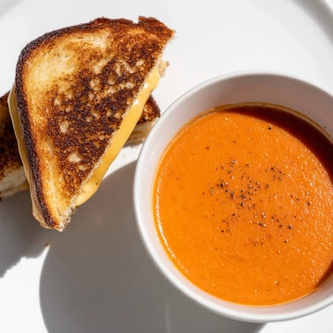 Golden, melted cheese oozes from a crusty grilled cheese ready to dunk into 5-Ingredient Tomato Soup.