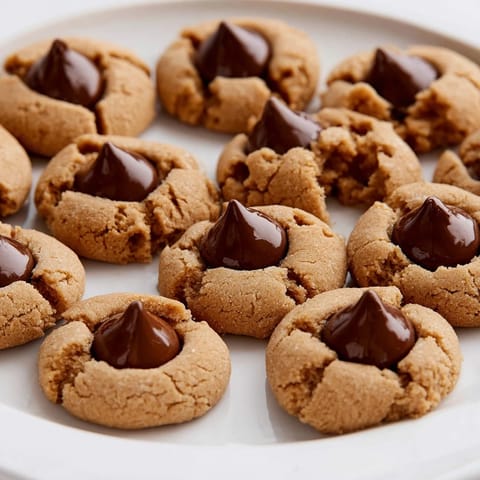 Warm, freshly baked 3-Ingredient Peanut Butter Blossoms, ready to be enjoyed with a glass of milk.