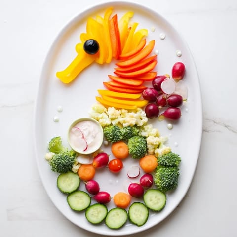 Vibrant Seahorse Veggie Dip Platter: a creative arrangement of fresh vegetables with creamy dip.
