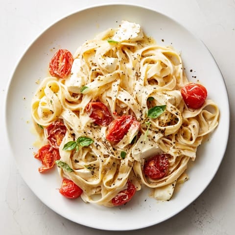 Silky fettuccine coated in a warm Baked Brie Pasta Sauce, garnished with fresh basil.