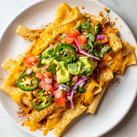 A close-up of pasta chips nachos: crispy baked pasta, creamy cheese, and colorful chopped vegetables.