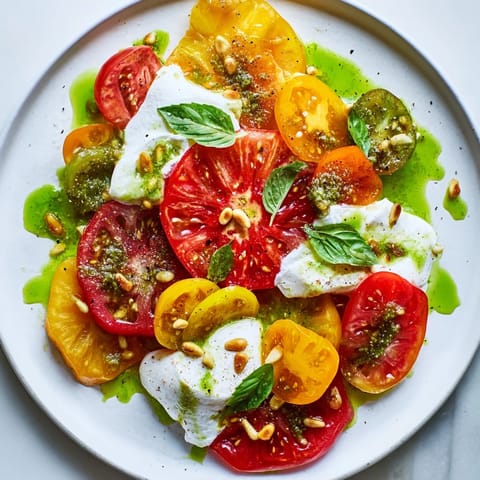 This stunning heirloom tomato salad board displays juicy tomatoes, soft burrata, and fragrant basil oil.