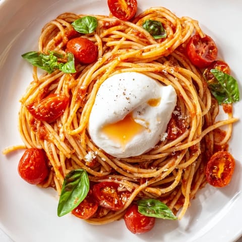 Burrata Caprese Pasta served in a skillet, featuring vibrant tomatoes, basil, and a drizzle of olive oil.  