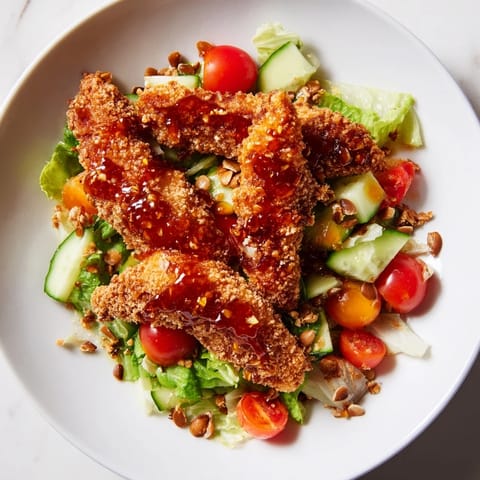 A vibrant serving of Crispy Hot Honey Chicken Salad topped with roasted seeds and a bright lemony dressing.