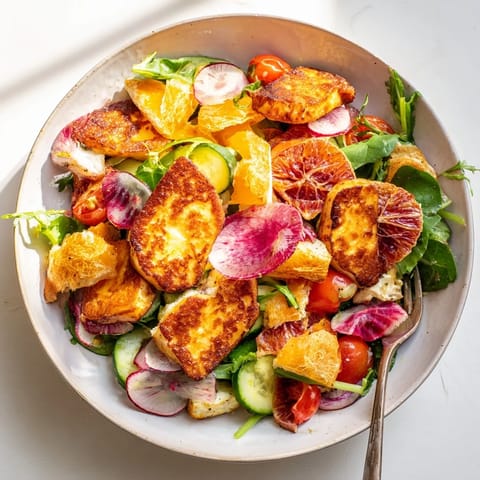 Golden sourdough croutons and fresh herbs garnish a bowl of Halloumi Blood Orange Fattoush, dressed in zesty sumac vinaigrette.