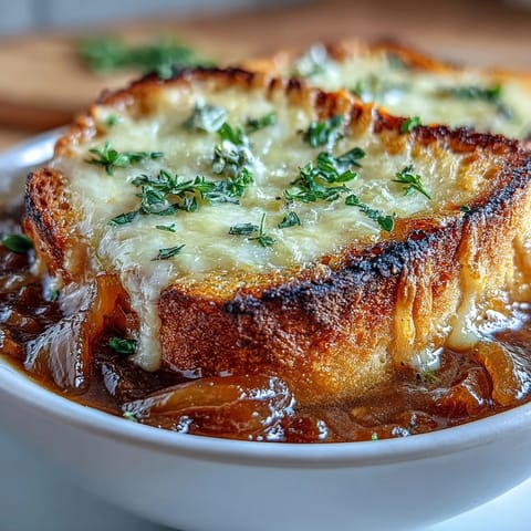 Fresh thyme garnish sits atop the cheesy crust of this classic French bistro dish.