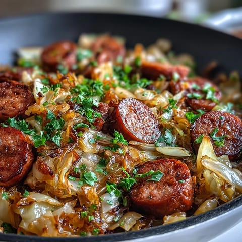 A skillet of Smothered Cabbage With Sausage features browned sausage links and tender green cabbage.