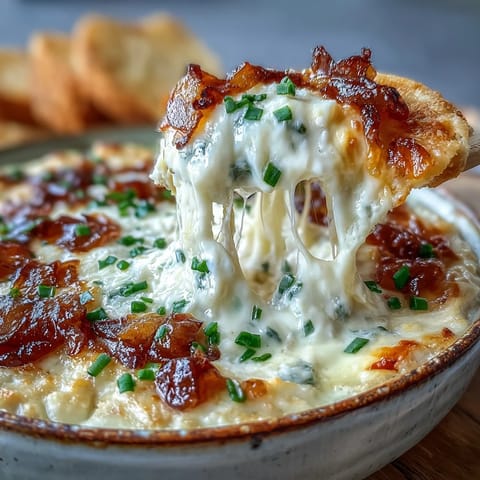 Sizzling Smoked Gouda & Onion Dip in a baking dish with tortilla chips and crisp veggies.