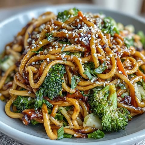 Garnishing the Asian Teriyaki Noodle Bowl with toasted sesame seeds and fresh green onions over steaming vegetables in a wok.