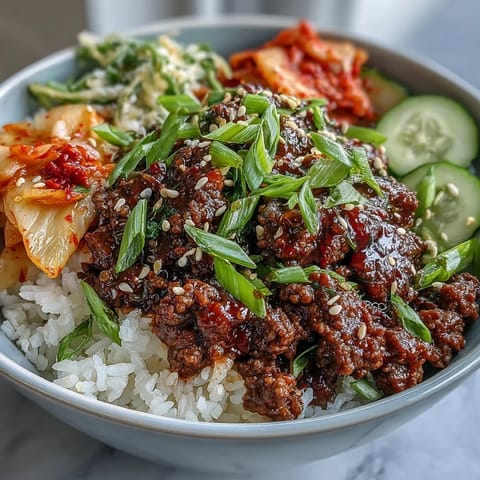 Spicy Korean Beef Bowl topped with crisp cucumber, radish, and tangy kimchi, served with chopsticks on the side.