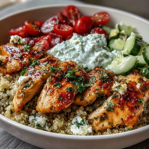 A protein-packed Greek Chicken Power Bowl topped with crisp cucumbers, Kalamata olives, and fresh parsley over quinoa.