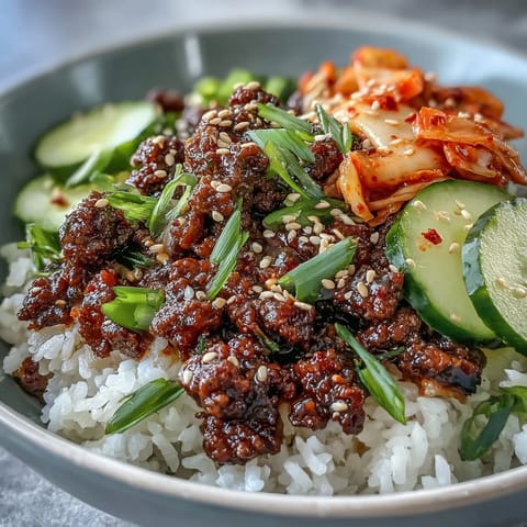 Vibrant Korean Ground Beef Bowl topped with crunchy carrots, cucumbers, and tangy kimchi.