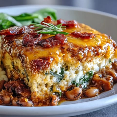 Golden-brown Tex Mex Black Eyed Pea Casserole with melted cheddar cheese, bacon, and Rotel tomatoes, served in a white dish.