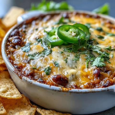 Golden-brown, bubbling Hot Black-Eyed Pea Dip with Jalapeño and Cumin, garnished with fresh cilantro, served in a baking dish with tortilla chips.