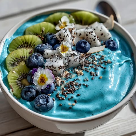 Vibrant blue Whimsical Healthy Mermaid Smoothie Bowl topped with kiwi, blueberries, and dragon fruit for a dreamy breakfast.